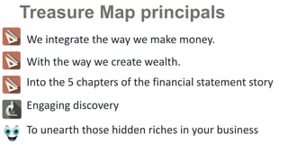 Treasure Map principles
We integrate the way we make money.
With the way we create wealth.

Into the 5 chapters of the financial statement story
Engaging discovery
To unearth those hidden riches in your business

 