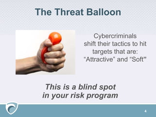 The Threat Balloon
4
Cybercriminals
shift their tactics to hit
targets that are:
“Attractive” and “Soft”
This is a blind spot
in your risk program
 