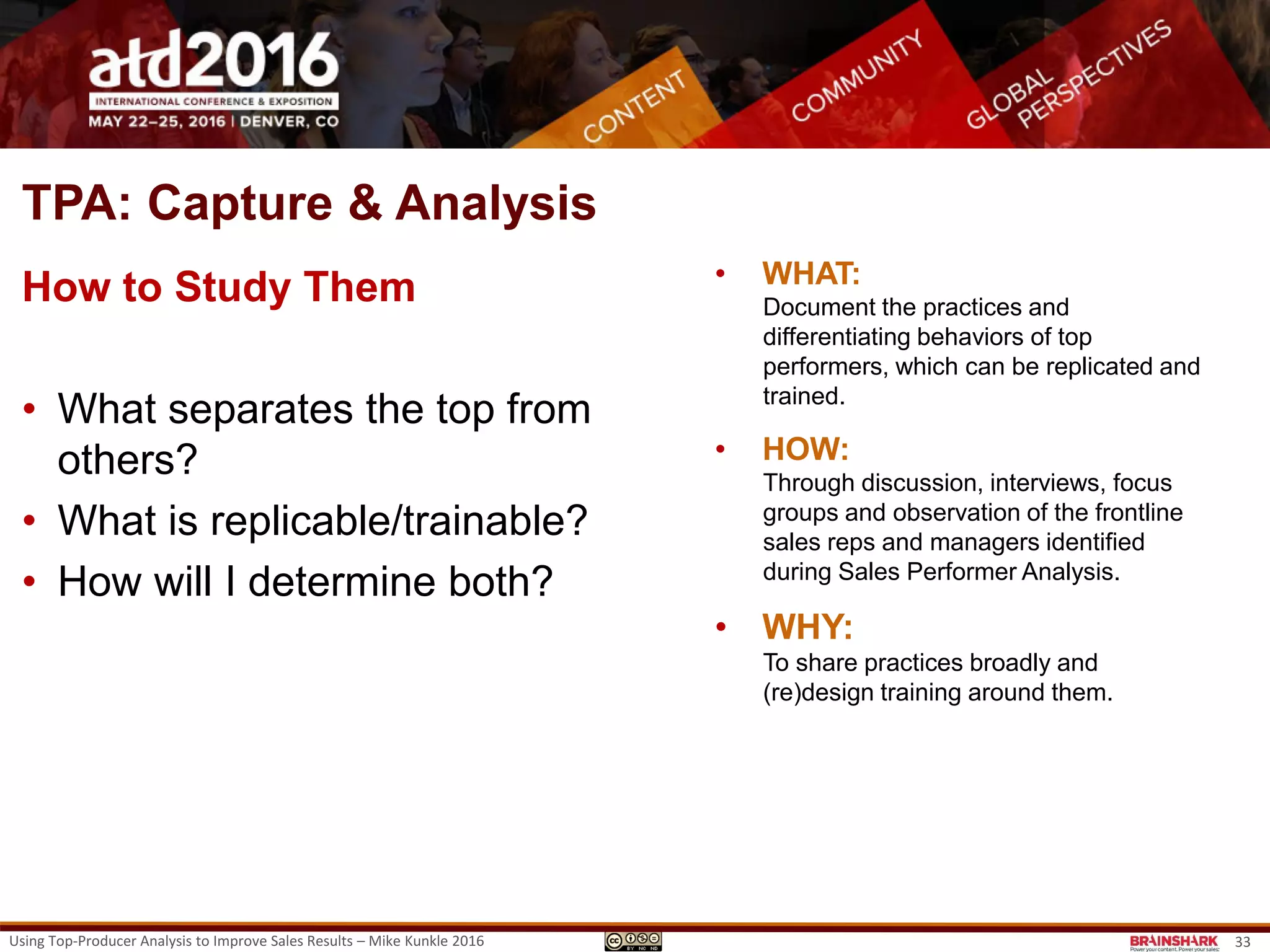 33
Sales
Performer
Analysis
Sales & Sales
Manager
Selection
Performance
Lever
Identification
Top-Producer
Practice
Capture &
Analysis
Sales & Sales
Manager
Training
Performance
Lever
Alignment
 