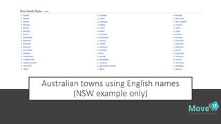 Australian towns using English names
(NSW example only)
 