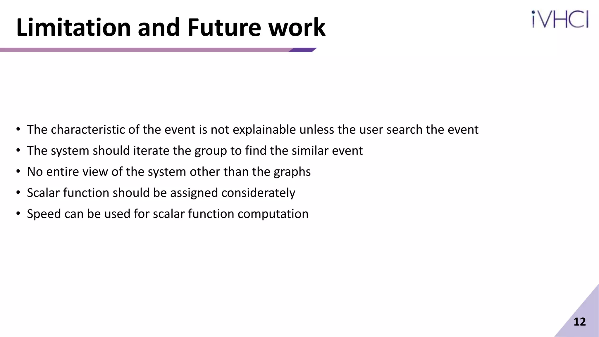 Limitation and Future work
• The characteristic of the event is not explainable unless the user search the event
• The system should iterate the group to find the similar event
• No entire view of the system other than the graphs
• Scalar function should be assigned considerately
• Speed can be used for scalar function computation
12
 