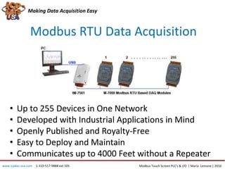 Modbus RTU Data Acquisition
Making Data Acquisition Easy
• Up to 255 Devices in One Network
• Developed with Industrial Applications in Mind
• Openly Published and Royalty-Free
• Easy to Deploy and Maintain
• Communicates up to 4000 Feet without a Repeater
Modbus Touch Screen PLC’s & I/O | Maria Lemone | 2016www.icpdas-usa.com 1-310-517-9888 ext 105
 