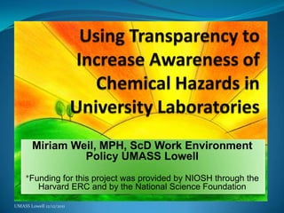 Miriam Weil, MPH, ScD Work Environment
                 Policy UMASS Lowell
     *Funding for this project was provided by NIOSH through the
        Harvard ERC and by the National Science Foundation

UMASS Lowell 12/12/2011
 