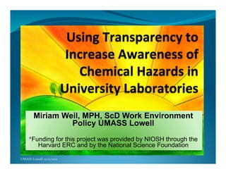 Miriam Weil, MPH, ScD Work Environment
                    Policy UMASS Lowell
       *Funding for this project was provided by NIOSH through the
          Harvard ERC and by the National Science Foundation
                                                                     	
  
UMASS	
  Lowell	
  12/12/2011	
  
 