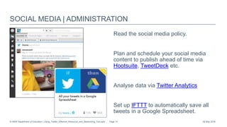 SOCIAL MEDIA | ADMINISTRATION
Read the social media policy.
Plan and schedule your social media
content to publish ahead of time via
Hootsuite, TweetDeck etc.
Analyse data via Twitter Analytics
Set up IFTTT to automatically save all
tweets in a Google Spreadsheet.
26 May 2016© NSW Department of Education | Using_Twitter_Effective_Resource_and_Networking_Tool.pptx Page 14
 