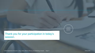 Thank you for your participation in today’s
session.
26 May 2016© NSW Department of Education | Using_Twitter_Effective_Resource_and_Networking_Tool.pptx Page 15
 