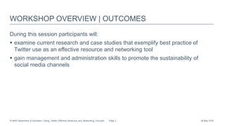 WORKSHOP OVERVIEW | OUTCOMES
During this session participants will:
 examine current research and case studies that exemplify best practice of
Twitter​ use as an effective resource and networking tool
 gain management and administration skills to promote the sustainability of
social media channels
26 May 2016© NSW Department of Education | Using_Twitter_Effective_Resource_and_Networking_Tool.pptx Page 3
 
