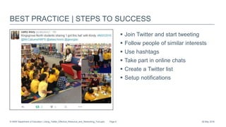 BEST PRACTICE | STEPS TO SUCCESS
 Join Twitter and start tweeting
 Follow people of similar interests
 Use hashtags
 Take part in online chats
 Create a Twitter list
 Setup notifications
26 May 2016© NSW Department of Education | Using_Twitter_Effective_Resource_and_Networking_Tool.pptx Page 6
 