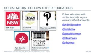 SOCIAL MEDIA | FOLLOW OTHER EDUCATORS
Follow educators with
similar interests to your
own and official accounts.
@NSWEducation
@teachnsw
@statelibrarynsw
@aliaschools
@nlagovau
26 May 2016© NSW Department of Education | Using_Twitter_Effective_Resource_and_Networking_Tool.pptx Page 8
 