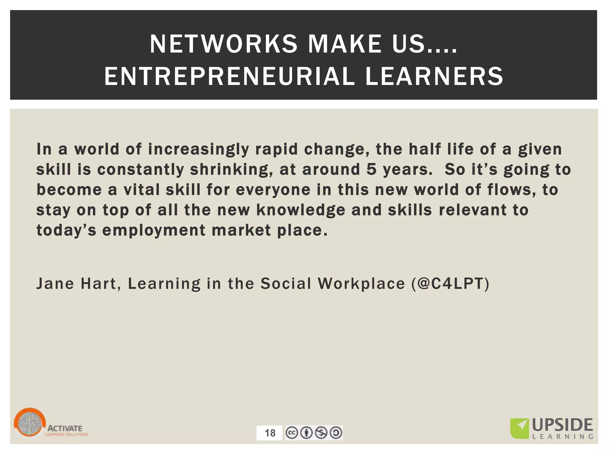 18
In a world of increasingly rapid change, the half life of a given
skill is constantly shrinking, at around 5 years. So it’s going to
become a vital skill for everyone in this new world of flows, to
stay on top of all the new knowledge and skills relevant to
today’s employment market place.
Jane Hart, Learning in the Social Workplace (@C4LPT)
NETWORKS MAKE US....
ENTREPRENEURIAL LEARNERS
18
 