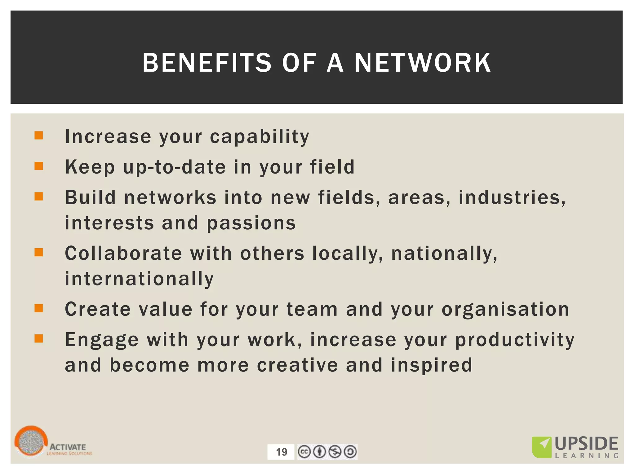 19
 Increase your capability
 Keep up-to-date in your field
 Build networks into new fields, areas, industries,
interests and passions
 Collaborate with others locally, nationally,
internationally
 Create value for your team and your organisation
 Engage with your work, increase your productivity
and become more creative and inspired
BENEFITS OF A NETWORK
19
 