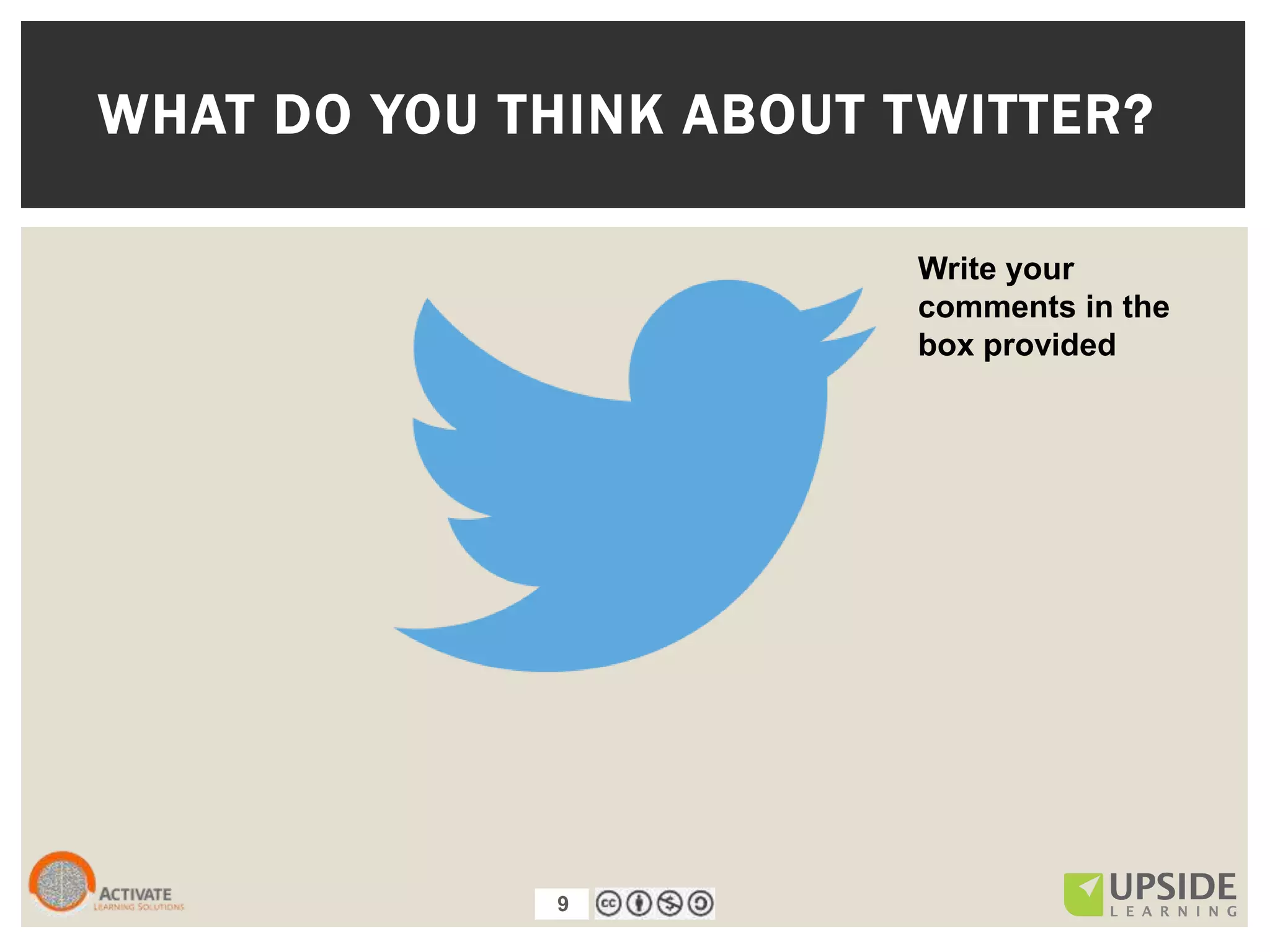9
WHAT DO YOU THINK ABOUT TWITTER?
Write your
comments in the
box provided
9
 