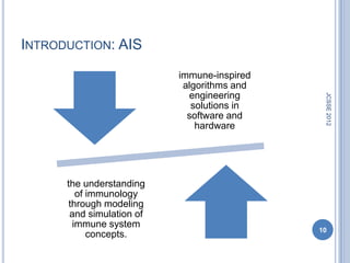 INTRODUCTION: AIS
                           immune-inspired
                            algorithms and
                             engineering




                                              JCSSE 2012
                              solutions in
                             software and
                               hardware




      the understanding
         of immunology
       through modeling
       and simulation of
        immune system
                                             10
            concepts.
 