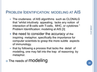 PROBLEM IDENTIFICATION: MODELING AT AIS
       The crudeness of AIS algorithms such as CLONALG
        that ―whilst intuitively appealing, lacks any notion of
        interaction of B-cells with T-cells, MHC, or cytokines ‖




                                                                    JCSSE 2012
        Problem Identification: modeling at AIS [3]
       the need to consider the accuracy of the
      inspiring metaphor, specifically the importance for
      computer scientists to grasp the more subtle aspects
      of immunology.
     that by following a process that lacks the detail of
      modeling, one may fall into the trap of reasoning by
      metaphor.

   The needs of modeling
                                                                   29
 