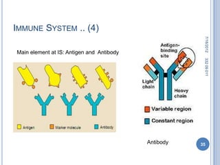 IMMUNE SYSTEM .. (4)




                                                       7/18/2012
Main element at IS: Antigen and Antibody




                                                       332 09 011
                                           Antibody   35
 