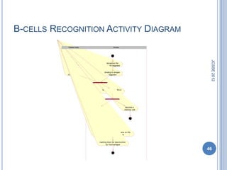 B-CELLS RECOGNITION ACTIVITY DIAGRAM
           T-Helper Cells                              B-Cells




                                                                                JCSSE 2012
            response                        recognize the
           interleukin-1                   antigen fragment


             secrete                      binding to antigen
           interleukin-2                       fragment




                                       response interleukin-2
                                           and activated




                            differentiate into                   become a
                              plasma cells                       memory cell




                                                  release
                                                 antibodies


                             recognize and bind to the antigens on the
                                     surfaces of the pathogens


                                    marking them for desctruction
                                          by macrophages

                                                                               46
 