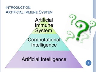INTRODUCTION:
ARTIFICIAL IMMUNE   SYSTEM

               Artificial
               Immune




                                      JCSSE 2012
               System
           Computational
            Intelligence

        Artificial Intelligence
                                  7
 