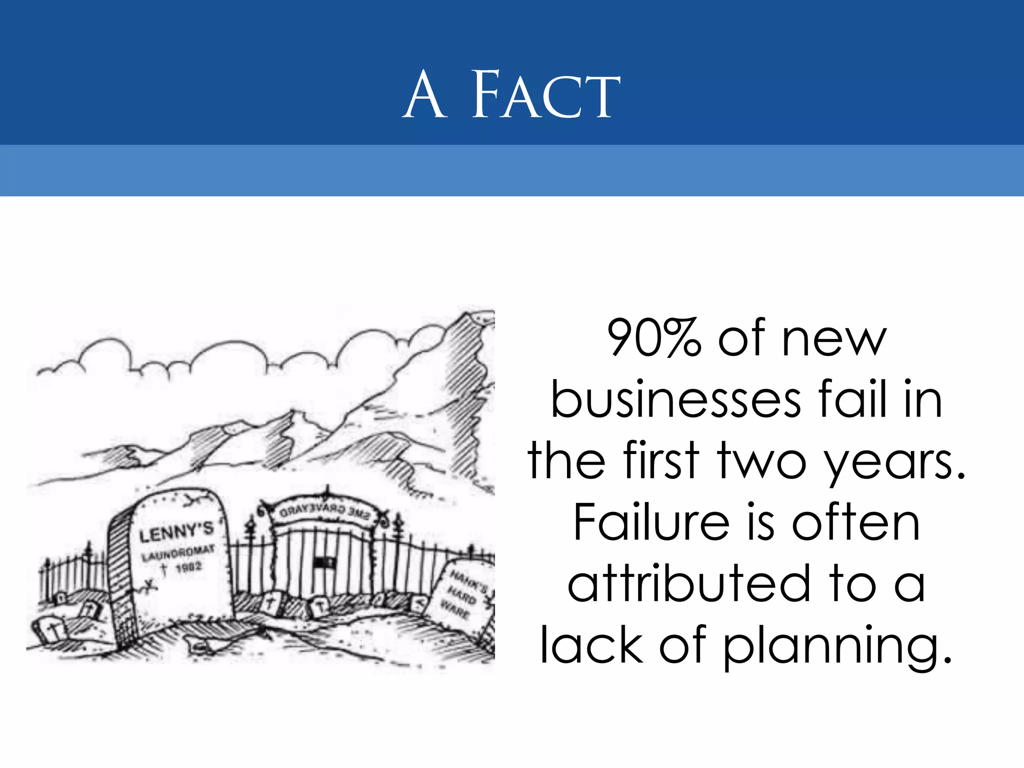 90% of new
  businesses fail in
the first two years.
   Failure is often
  attributed to a
 lack of planning.
 