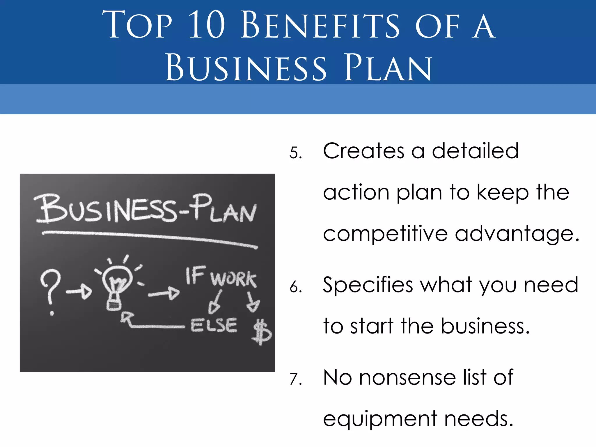 5.   Creates a detailed
     action plan to keep the
     competitive advantage.

6.   Specifies what you need
     to start the business.

7.   No nonsense list of
     equipment needs.
 