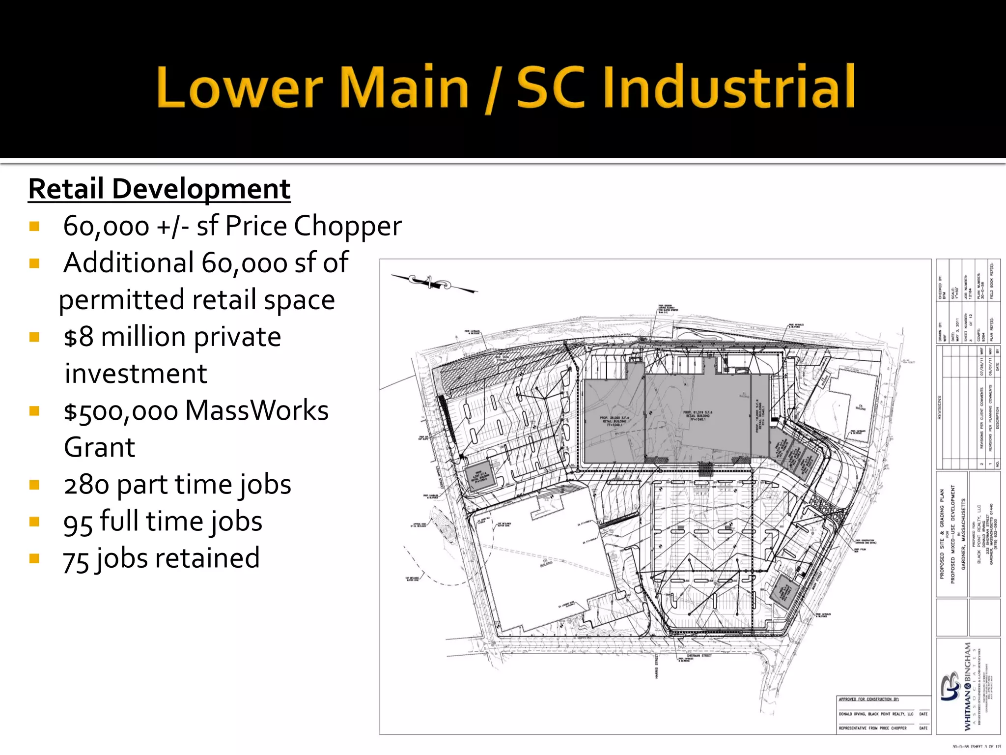 Retail Development
 60,000 +/- sf Price Chopper
 Additional 60,000 sf of
permitted retail space
 $8 million private
investment
 $500,000 MassWorks
Grant
 280 part time jobs
 95 full time jobs
 75 jobs retained
 