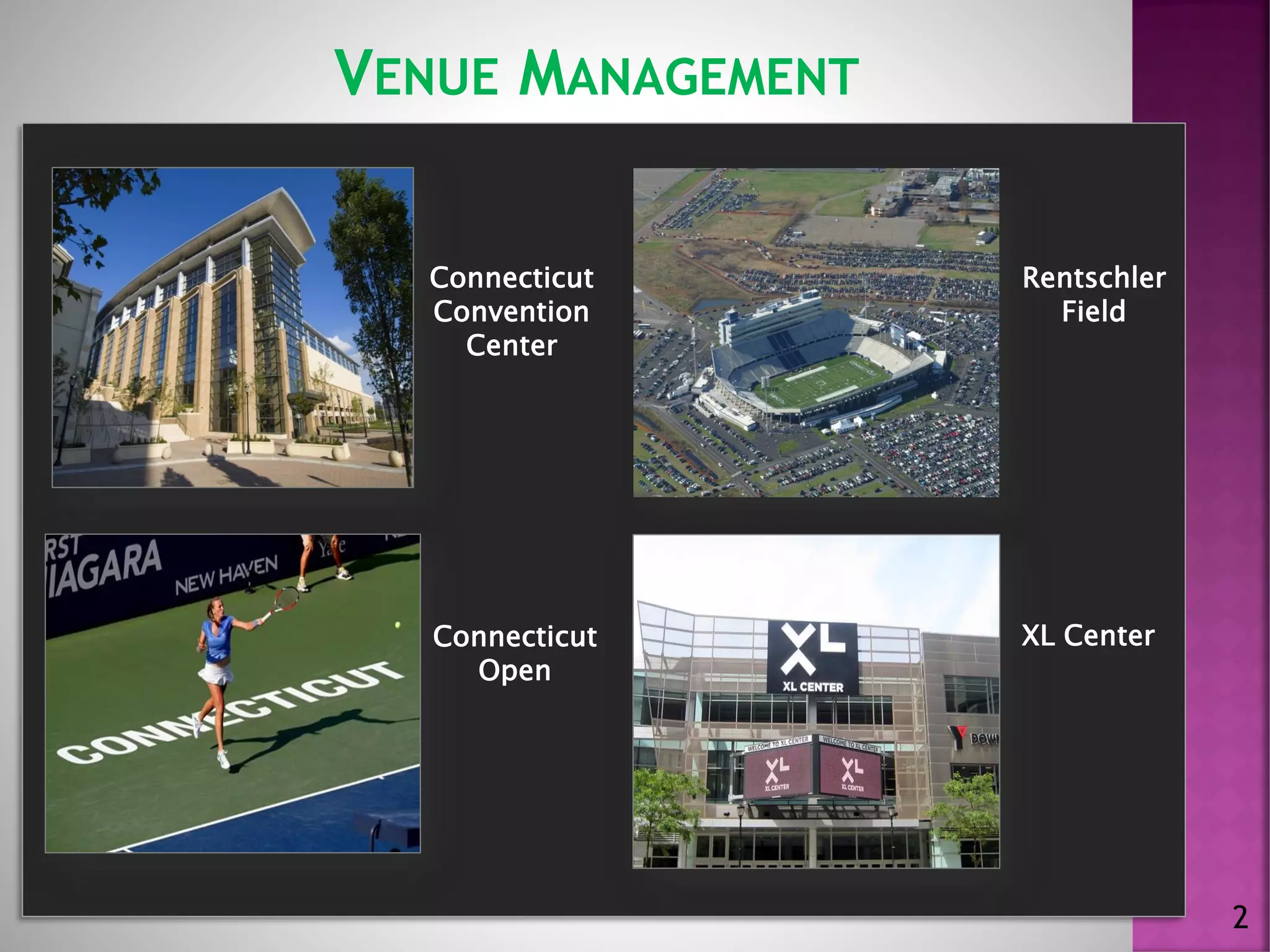 Connecticut
Convention
Center
Connecticut
Open
Rentschler
Field
XL Center
VENUE MANAGEMENT
2
 