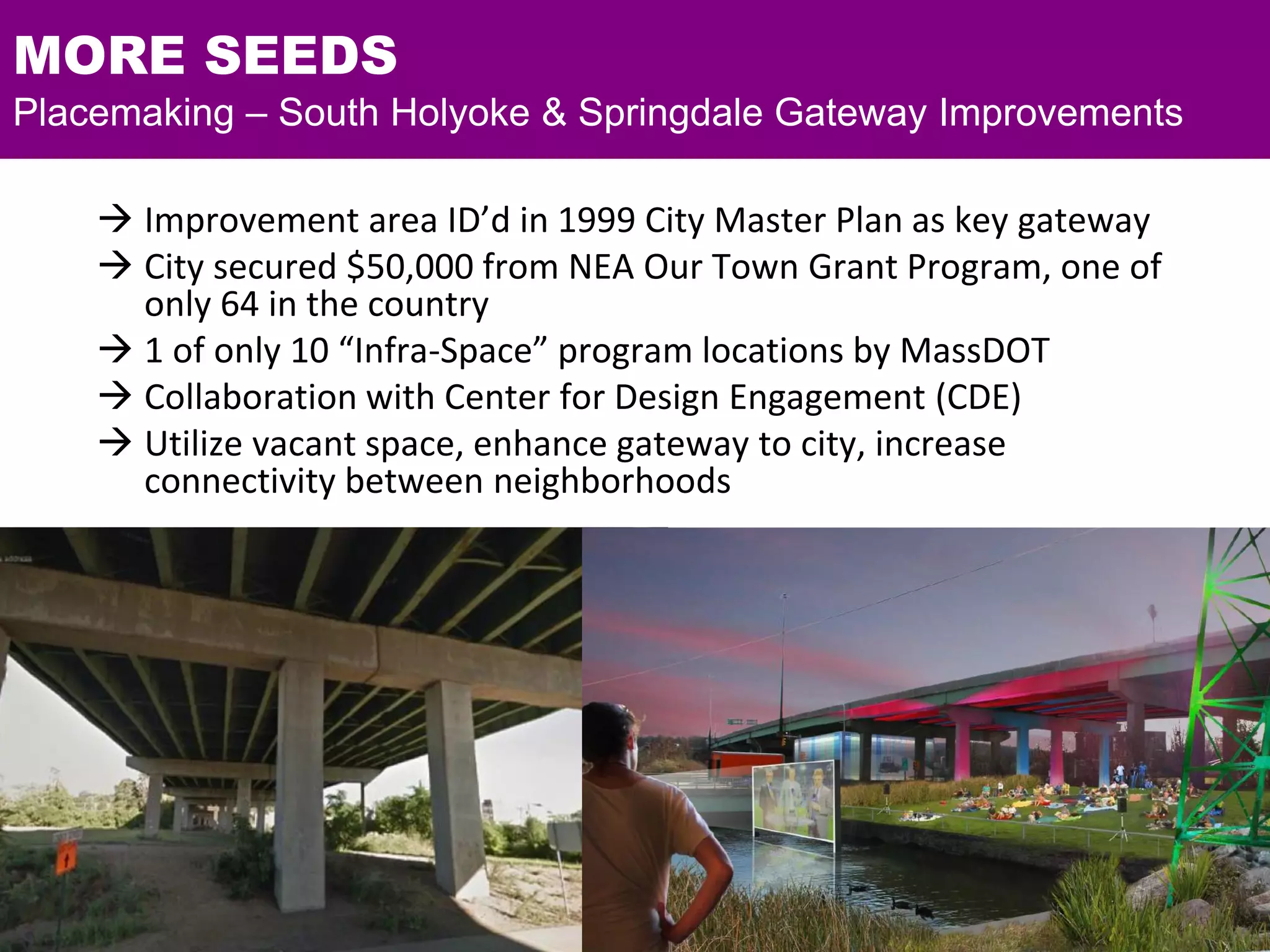 MORE SEEDS
Placemaking – South Holyoke & Springdale Gateway Improvements
 Improvement area ID’d in 1999 City Master Plan as key gateway
 City secured $50,000 from NEA Our Town Grant Program, one of
only 64 in the country
 1 of only 10 “Infra-Space” program locations by MassDOT
 Collaboration with Center for Design Engagement (CDE)
 Utilize vacant space, enhance gateway to city, increase
connectivity between neighborhoods
 