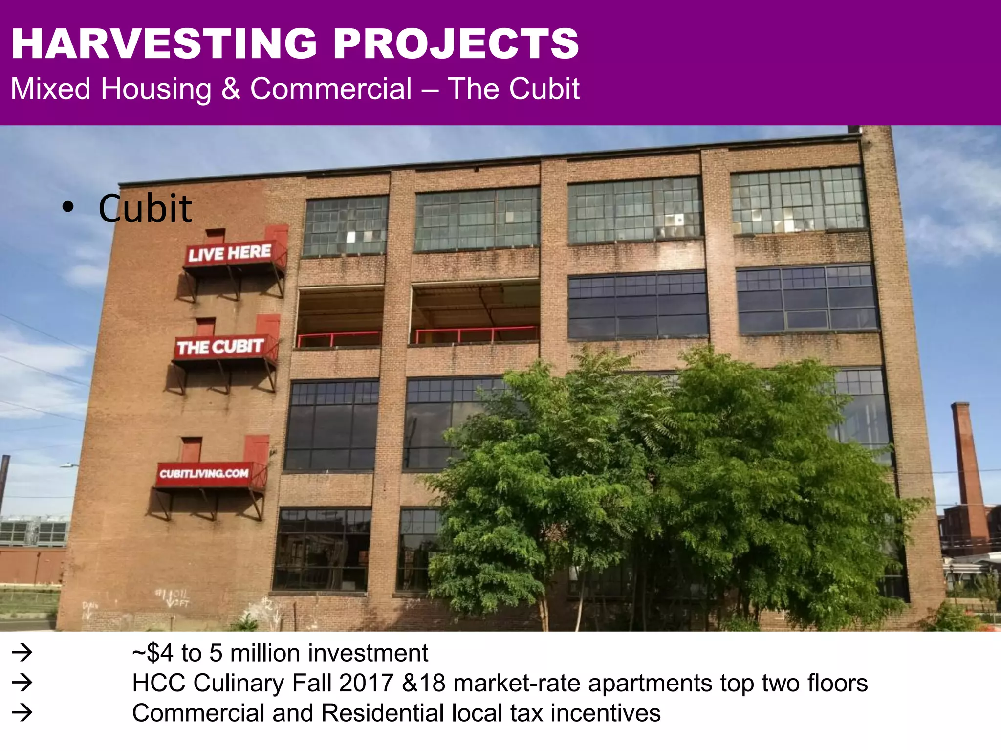 • Cubit
HARVESTING PROJECTS
Mixed Housing & Commercial – The Cubit
 ~$4 to 5 million investment
 HCC Culinary Fall 2017 &18 market-rate apartments top two floors
 Commercial and Residential local tax incentives
 