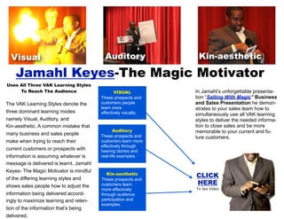 Jamahl Keyes-The Magic Motivator
Uses All Three VAK Learning Styles
To Reach The Audience
The VAK Learning Styles denote the
three dominant learning modes
namely Visual, Auditory, and
Kin-aesthetic. A common mistake that
many business and sales people
make when trying to reach their
current customers or prospects with
information is assuming whatever is
message is delivered is learnt. Jamahl
Keyes- The Magic Motivator is mindful
of the differing learning styles and
shows sales people how to adjust the
information being delivered accord-
ingly to maximize learning and reten-
tion of the information that’s being
delivered.
In Jamahl’s unforgettable presenta-
tion “Selling With Magic” Business
and Sales Presentation he demon-
strates to your sales team how to
simultaneously use all VAK learning
styles to deliver the needed informa-
tion to close sales and be more
memorable to your current and fu-
ture customers.
VISUAL
These prospects and
customers people
learn more
effectively visually.
Auditory
These prospects and
customers learn more
effectively through
hearing stories and
real-life examples.
Kin-aesthetic
These prospects and
customers learn
more effectively
through audience
participation and
examples.
Visual Auditory Kin-aesthetic
CLICK
HERE
To See Video
 