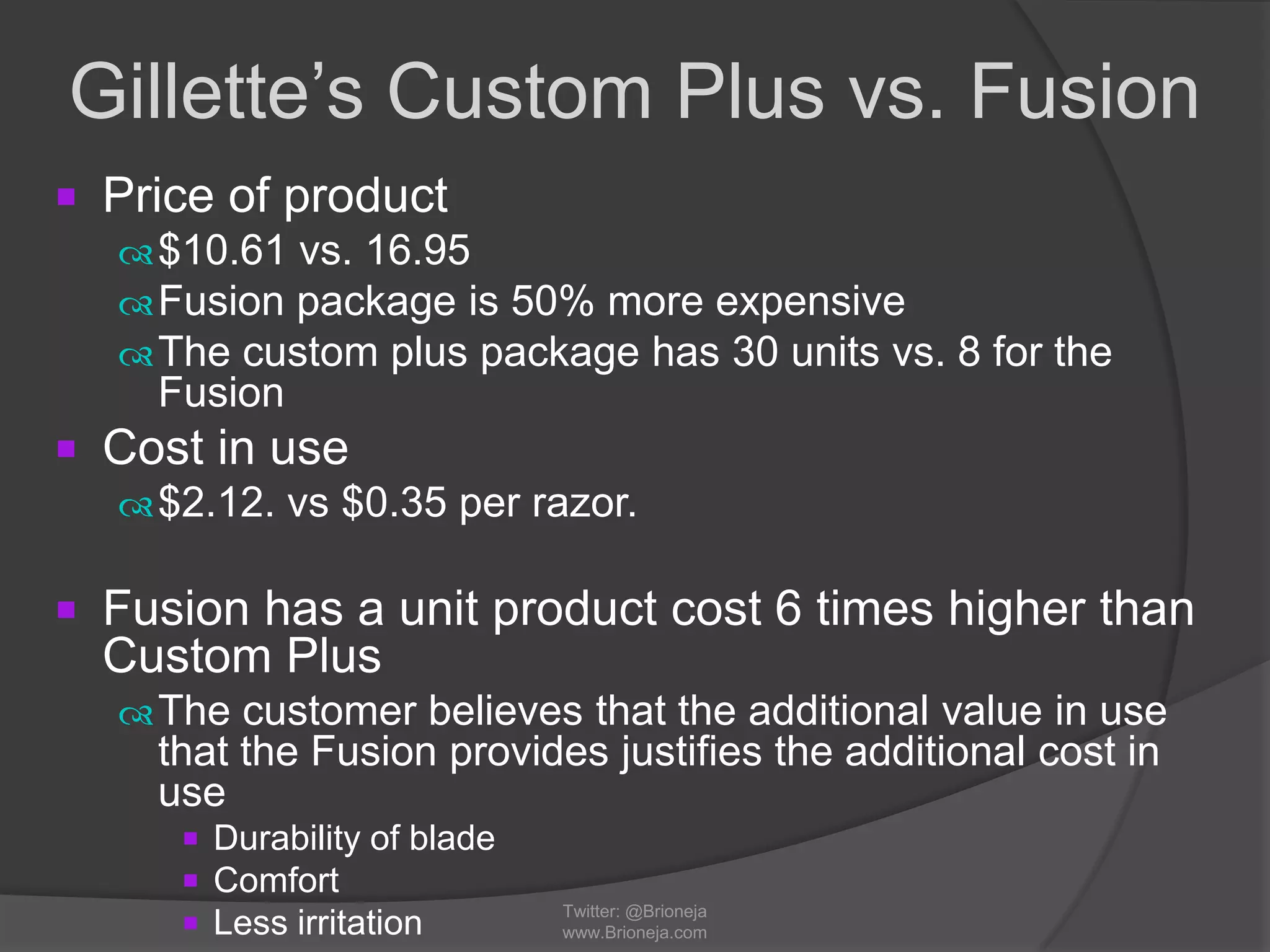 Gillette’s Custom Plus vs. Fusion
 Price of product
$10.61 vs. 16.95
Fusion package is 50% more expensive
The custom plus package has 30 units vs. 8 for the
Fusion
 Cost in use
$2.12. vs $0.35 per razor.
 Fusion has a unit product cost 6 times higher than
Custom Plus
The customer believes that the additional value in use
that the Fusion provides justifies the additional cost in
use
 Durability of blade
 Comfort
 Less irritation Twitter: @Brioneja
www.Brioneja.com
 