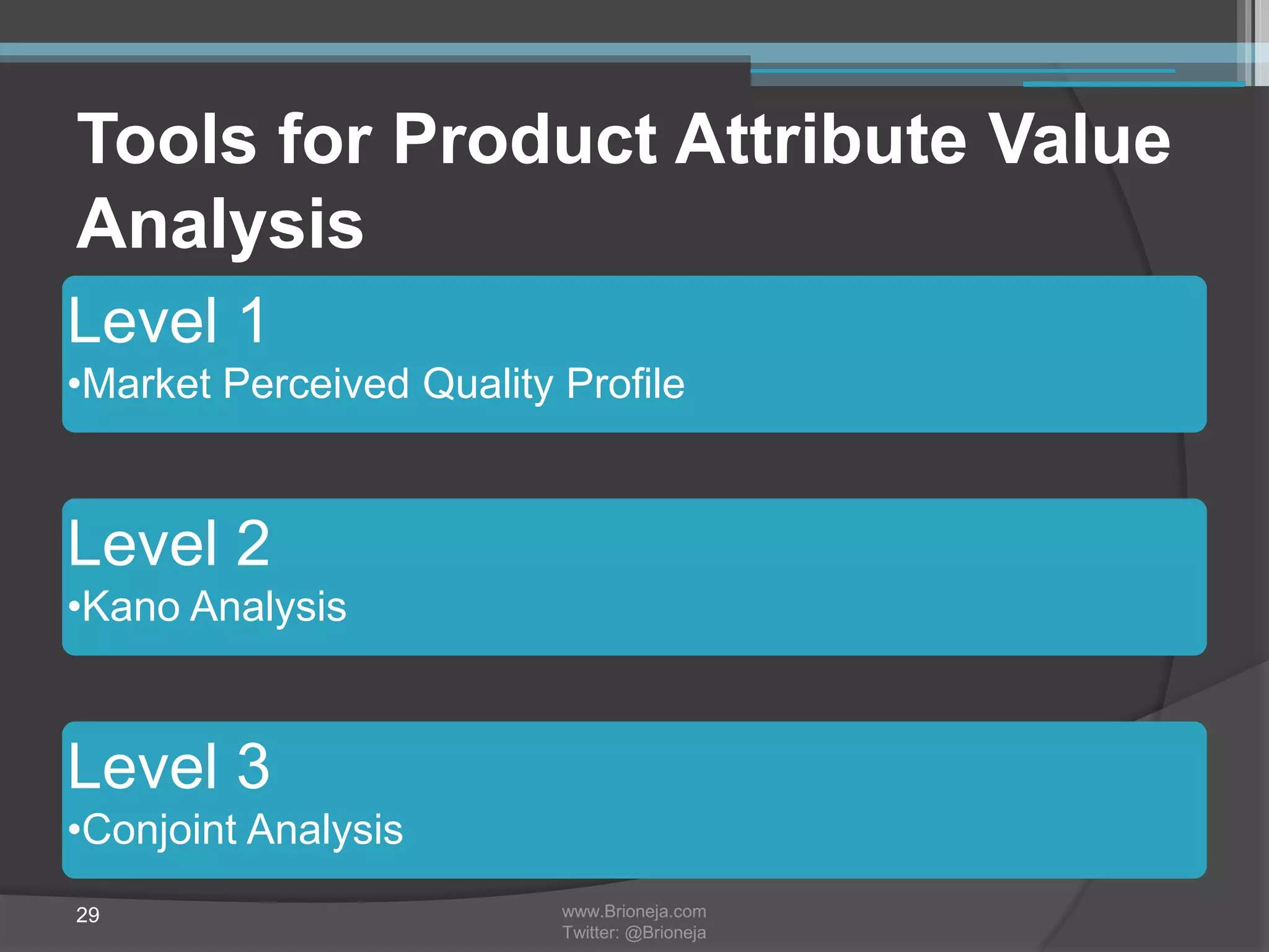 www.Brioneja.com
Twitter: @Brioneja
29
Tools for Product Attribute Value
Analysis
Level 1
•Market Perceived Quality Profile
Level 2
•Kano Analysis
Level 3
•Conjoint Analysis
 
