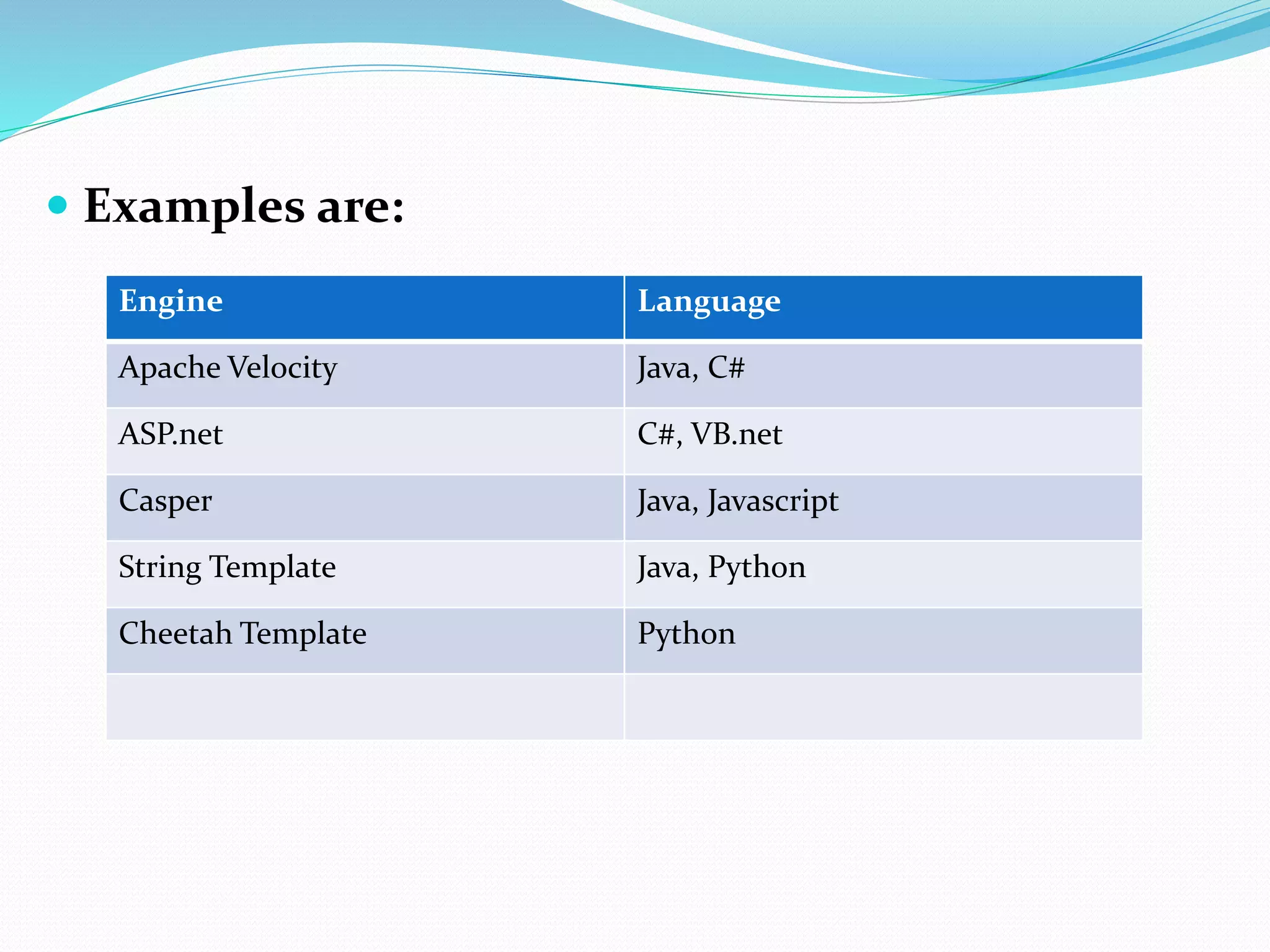  Examples are:
Engine Language
Apache Velocity Java, C#
ASP.net C#, VB.net
Casper Java, Javascript
String Template Java, Python
Cheetah Template Python
 