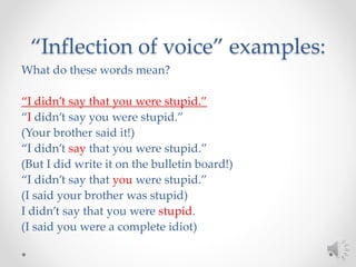 “Inflection of voice” examples:
What do these words mean?
“I didn’t say that you were stupid.”
“I didn’t say you were stupid.”
(Your brother said it!)
“I didn’t say that you were stupid.”
(But I did write it on the bulletin board!)
“I didn’t say that you were stupid.”
(I said your brother was stupid)
I didn’t say that you were stupid.
(I said you were a complete idiot)
 