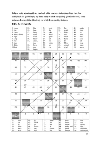 Talk or write about accidents you had, while you were doing something else. For
example: I cut (past simple) my hand badly while I was peeling (past continuous) some
potatoes. I scraped the side of my car while I was parking in town.
UPS & DOWNS
1. swim
2. rise
3. come
4. drink, throw
5. fight
6. keep
7. buy
8. light
9. think
10.find
11. bite
12. hear
13. bring
14. send
15. wear
16. know
17. draw,
hide
18. leave
19. ring
20. begin
21. beat
22. do
23. take
24. drive
25. grow
26. tell
27. run
28. catch
29. get
30. cut
31. lay
32. teach
33. have
34. sell
35. show
36. build
37. let
38. blow
39. spend
40. read
41. make
42. shut
43. sit
44. hold
45. win
46. lose
47. fall
48. sing
49. meet
50. weep
100
FINISH
99
DOWN
98 97 96
DOWN
95 94 93 92 91
81 82 83 84 85 86
UP
87 88 89 90
80 79 78 77 76 75 74 73
DOWN
72 71
61 62 63 64 65
UP
66 67 68 69 70
60 59
UP
58 57 56 55 54 53 52
UP
51
41 42 43 44 45 46 47
UP
48 49 50
40 49 38 37 36
UP
35 34 33 32 31
21 22
DOWN
23 24 25 26
UP
27 28 29 30
20 19 18 17
UP
16 15 14 13
UP
12 11
1
START
2 3 4 5 6
UP
7 8 9 10
51. give
52. eat
53. lie
54. shine
55. wake
56. write
61. fly
62. break
63. go
64. forget
65. say
66. feel
71. speak
72. see
73. put
74. be
75. choose
76. dig
81. sleep
82. forbid
83. spread
84. shake, lend
85. shrink
86. forgive
91. tear
92. spit
93. spring
94. spin
95. undertake
96. understand
17
 