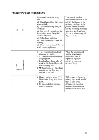 PRESENT PERFECT PROGRESSIVE
Right now I am sitting at my
desk.
(a) I have been sitting here since
seven o'clock.
(b) I have been sitting here for
two hours.
(c) You have been studying for
five straight hours. Why don't
you take a break?
(d) He has been watching
television since nine o'clock this
morning.
(e) It has been raining all day. It
is still raining right now.
This tense is used to
indicate the duration of an
activity that began in the
past and continues to the
present. When the tense
has this meaning, it is used
with time words such as
for, since, all morning, all
day, all week.
f) I have been thinking about
changing my major.
g) All of the students have been
studying hard.
h) John has been doing a lot of
work on his thesis. He should
be finished by May.
i) My back hurts, so I have been
sleeping on the floor lately.
The bed is too soft.
When the tense is used
without any specific
mention of time, it
expresses a general
activity in progress
recently, lately.
j) I have lived here since 1975.
k) I have been living here since
1975.
l) He has worked at the same
store for ten years.
With certain verbs (most
notably live, work, teach)
there is little or no
difference in meaning
between the two tenses
when since or for is used.
22
 