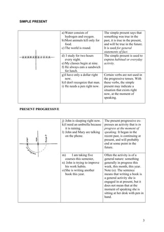 SIMPLE PRESENT
a) Water consists of
hydrogen and oxygen.
b)Most animals kill only for
food.
c) The world is round.
The simple present says that
something was true in the
past, it is true in the present,
and will be true in the future.
It is used for general
statements of fact.
d) I study for two hours
every night.
e) My classes begin at nine.
f) He always eats a sandwich
for lunch.
The simple present is used to
express habitual or everyday
activity.
g)I have only a dollar right
now.
h)I don't recognize that man.
i) He needs a pen right now.
Certain verbs are not used in
the progressive tenses. With
these verbs, the simple
present may indicate a
situation that exists right
now, at the moment of
speaking.
PRESENT PROGRESSIVE
j) John is sleeping right now.
k)I need an umbrella because
it is raining.
l) John and Mary are talking
on the phone.
The present progressive ex-
presses an activity that is in
progress at the moment of
speaking. It began in the
recent past, is continuing at
present, and will probably
end at some point in the
future.
m) I am taking five
courses this semester,
n) John is trying to improve
his work habits.
o)She is writing another
book this year.
Often the activity is of a
general nature: something
generally in progress this
week, this month, this year.
Note (o): The sentence
means that writing a book is
a general activity she is
engaged in at present, but it
does not mean that at the
moment of speaking she is
sitting at her desk with pen in
hand.
3
 