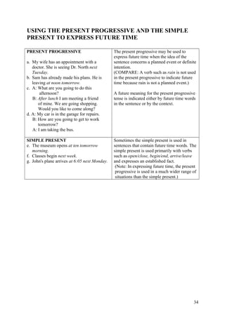 USING THE PRESENT PROGRESSIVE AND THE SIMPLE
PRESENT TO EXPRESS FUTURE TIME
PRESENT PROGRESSIVE
a. My wife has an appointment with a
doctor. She is seeing Dr. North next
Tuesday.
b. Sam has already made his plans. He is
leaving at noon tomorrow.
c. A: What are you going to do this
afternoon?
B: After lunch I am meeting a friend
of mine. We are going shopping.
Would you like to come along?
d. A: My car is in the garage for repairs.
B: How are you going to get to work
tomorrow?
A: I am taking the bus.
The present progressive may be used to
express future time when the idea of the
sentence concerns a planned event or definite
intention.
(COMPARE: A verb such as rain is not used
in the present progressive to indicate future
time because rain is not a planned event.)
A future meaning for the present progressive
tense is indicated either by future time words
in the sentence or by the context.
SIMPLE PRESENT
e. The museum opens at ten tomorrow
morning.
f. Classes begin next week.
g. John's plane arrives at 6:05 next Monday.
Sometimes the simple present is used in
sentences that contain future time words. The
simple present is used primarily with verbs
such as open/close, begin/end, arrive/leave
and expresses an established fact.
(Note: In expressing future time, the present
progressive is used in a much wider range of
situations than the simple present.)
34
 