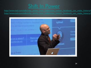 24
Shift In Power
http://www.ted.com/talks/clay_shirky_how_cellphones_twitter_facebook_can_make_history.h
http://www.ted.com/talks/clay_shirky_how_cellphones_twitter_facebook_can_make_history.h
24
 