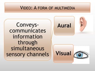 VIDEO: A FORM OF MULTIMEDIA


     Conveys-          Aural
 communicates
   information
     through
  simultaneous
sensory channels      Visual
 