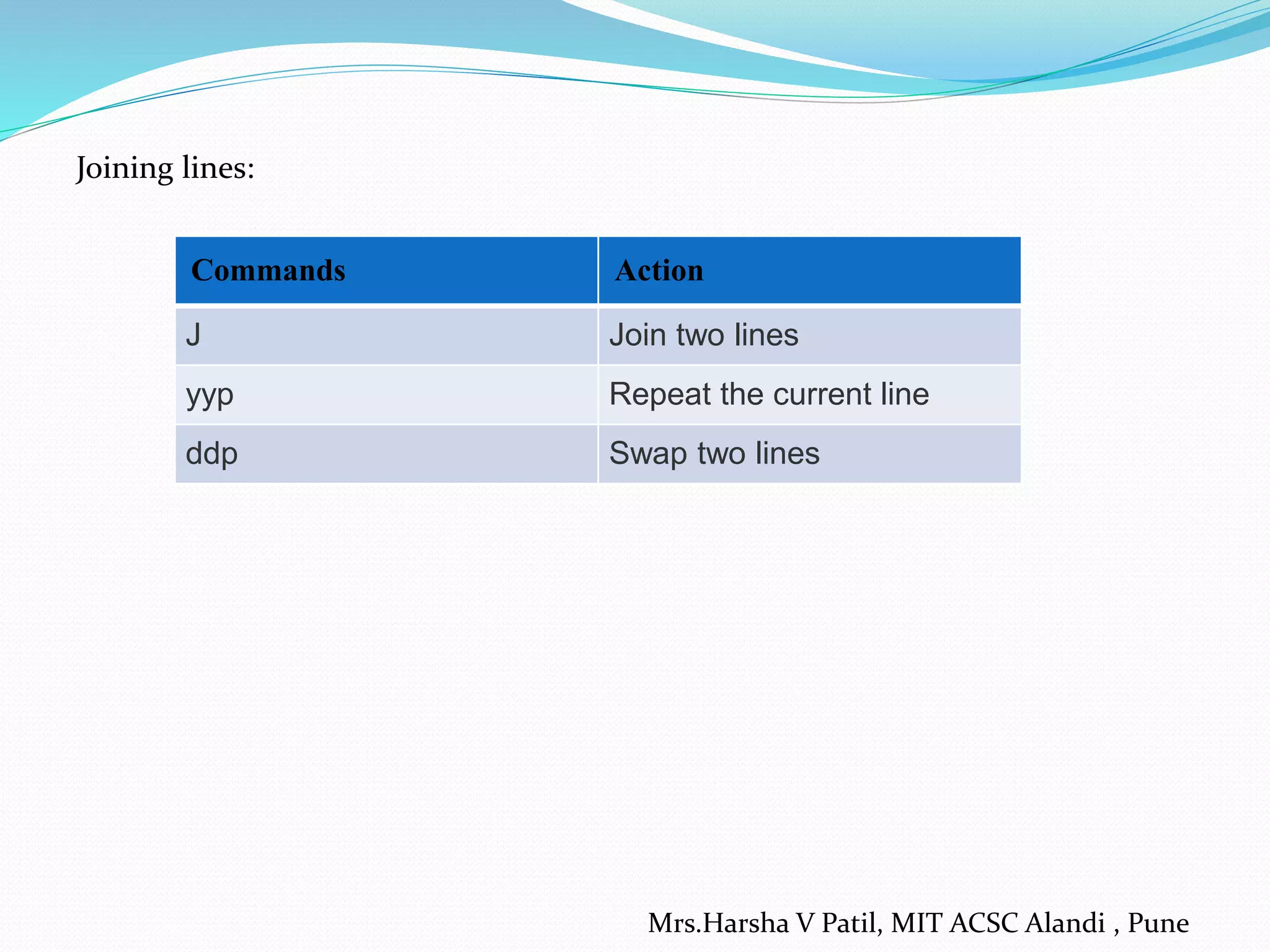 Joining lines:
Mrs.Harsha V Patil, MIT ACSC Alandi , Pune
Commands Action
J Join two lines
yyp Repeat the current line
ddp Swap two lines
 