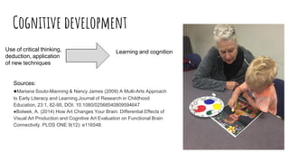 Cognitive development
Sources:
●Mariana Souto-Manning & Nancy James (2009) A Multi-Arts Approach
to Early Literacy and Learning,Journal of Research in Childhood
Education, 23:1, 82-95, DOI: 10.1080/02568540809594647
●Bolwek, A. (2014) How Art Changes Your Brain: Differential Effects of
Visual Art Production and Cognitive Art Evaluation on Functional Brain
Connectivity. PLOS ONE 9(12): e116548.
Use of critical thinking,
deduction, application
of new techniques
Learning and cognition
 