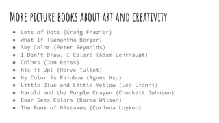 More picture books about art and creativity
● Lots of Dots (Craig Frazier)
● What If (Samantha Berger)
● Sky Color (Peter Reynolds)
● I Don’t Draw, I Color! (Adam Lehrhaupt)
● Colors (Jon Reiss)
● Mix it Up! (Herve Tullet)
● My Color is Rainbow (Agnes Hsu)
● Little Blue and Little Yellow (Leo Lionni)
● Harold and the Purple Crayon (Crockett Johnson)
● Bear Sees Colors (Karma Wilson)
● The Book of Mistakes (Corinna Luyken)
 