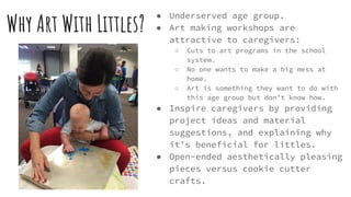 Why Art With Littles?
● Underserved age group.
● Art making workshops are
attractive to caregivers:
○ Cuts to art programs in the school
system.
○ No one wants to make a big mess at
home.
○ Art is something they want to do with
this age group but don’t know how.
● Inspire caregivers by providing
project ideas and material
suggestions, and explaining why
it’s beneficial for littles.
● Open-ended aesthetically pleasing
pieces versus cookie cutter
crafts.
 