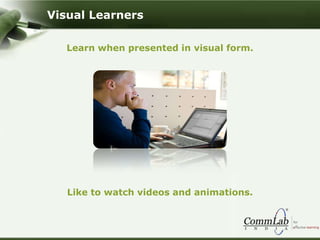 Learn when presented in visual form.
Like to watch videos and animations.
Visual Learners
 