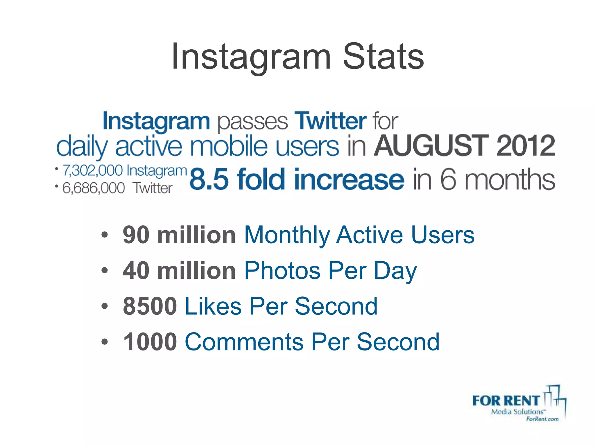 Instagram Stats



•   90 million Monthly Active Users
•   40 million Photos Per Day
•   8500 Likes Per Second
•   1000 Comments Per Second
 