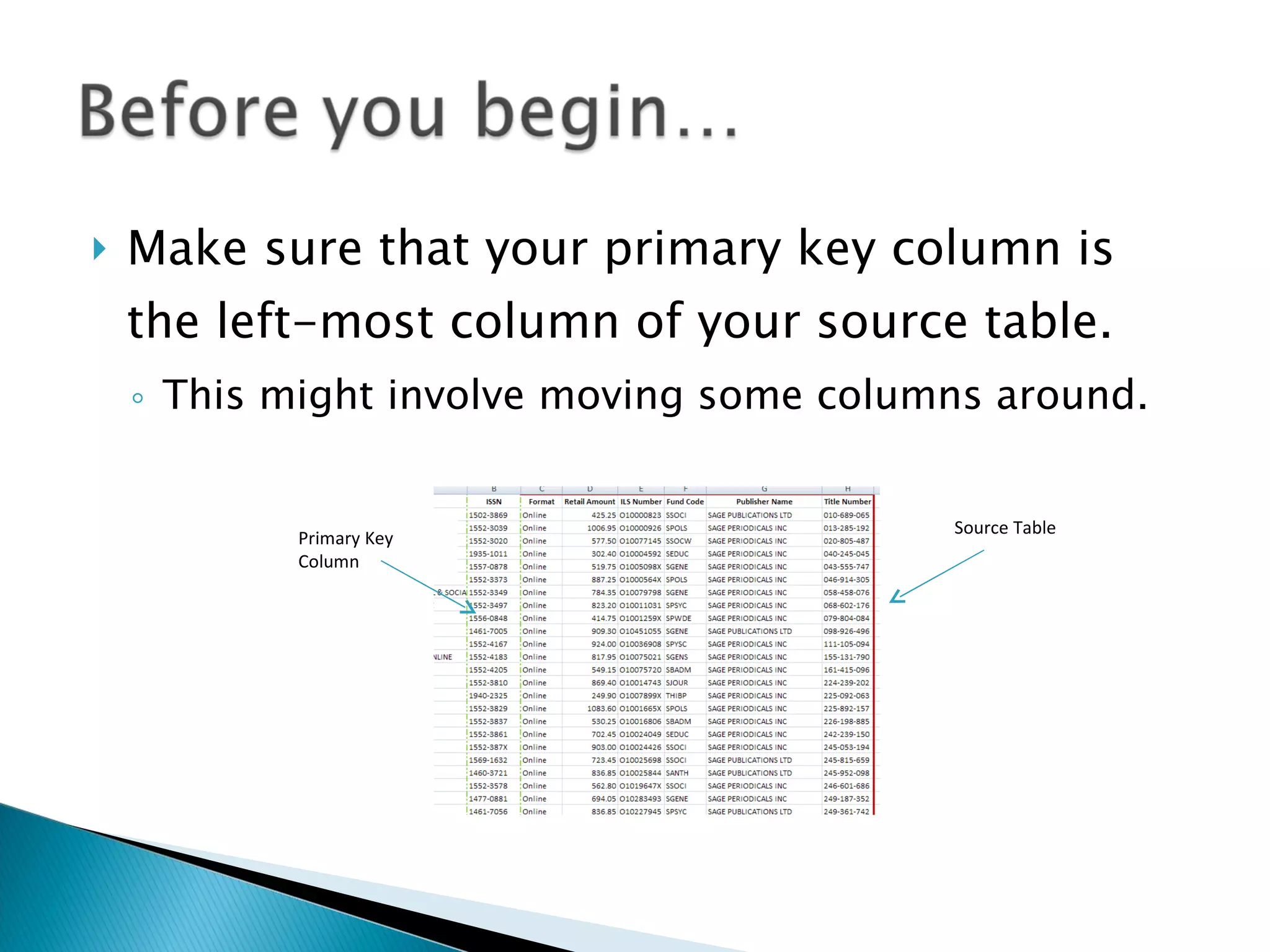 Make sure that your primary key column is the left-most column of your source table.  This might involve moving some columns around.  Source Table Primary Key Column 