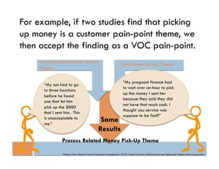 For example, if two studies find that picking
up money is a customer pain-point theme, we
then accept the finding as a VOC pain-point.
     Customer Satisfaction Survey                                        Call Center Survey Theme
     Theme

                                                                           “My pregnant finance had
       “My son had to go
                                                                           to wait over an hour to pick
       to three locations
                                                                           up the money I sent her
       before he found
                                                                           because they said they did
       one that let him
                                                                           not have that much cash. I
       pick up the $800
                                                                           thought you service was
       that I sent him. This
                                                                           suppose to be fast?”
       is unacceptable to
       me.”
                                                    Same
                                                   Results
                 Process Related Money Pick-Up Theme

                  Western Union Global Customer Experience Management. (2010). Global Customer Satisfaction Survey. Englewood: Western Union Corporation.
 