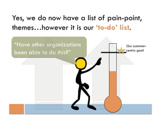 Yes, we do now have a list of pain-point,
themes…however it is our ‘to-do’ list.

“Have other organizations           Our customer-
                                    centric goal!
been able to do this?”
 