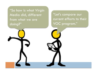 “So how is what Virgin
Media did, different     “Let’s compare our
from what we are         current efforts to their
doing?”                  VOC program.”
 