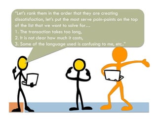 “Let’s rank them in the order that they are creating
dissatisfaction, let’s put the most serve pain-points on the top
of the list that we want to solve for…
1.  The transaction takes too long,
2.  It is not clear how much it costs,
3.  Some of the language used is confusing to me, etc..”
 