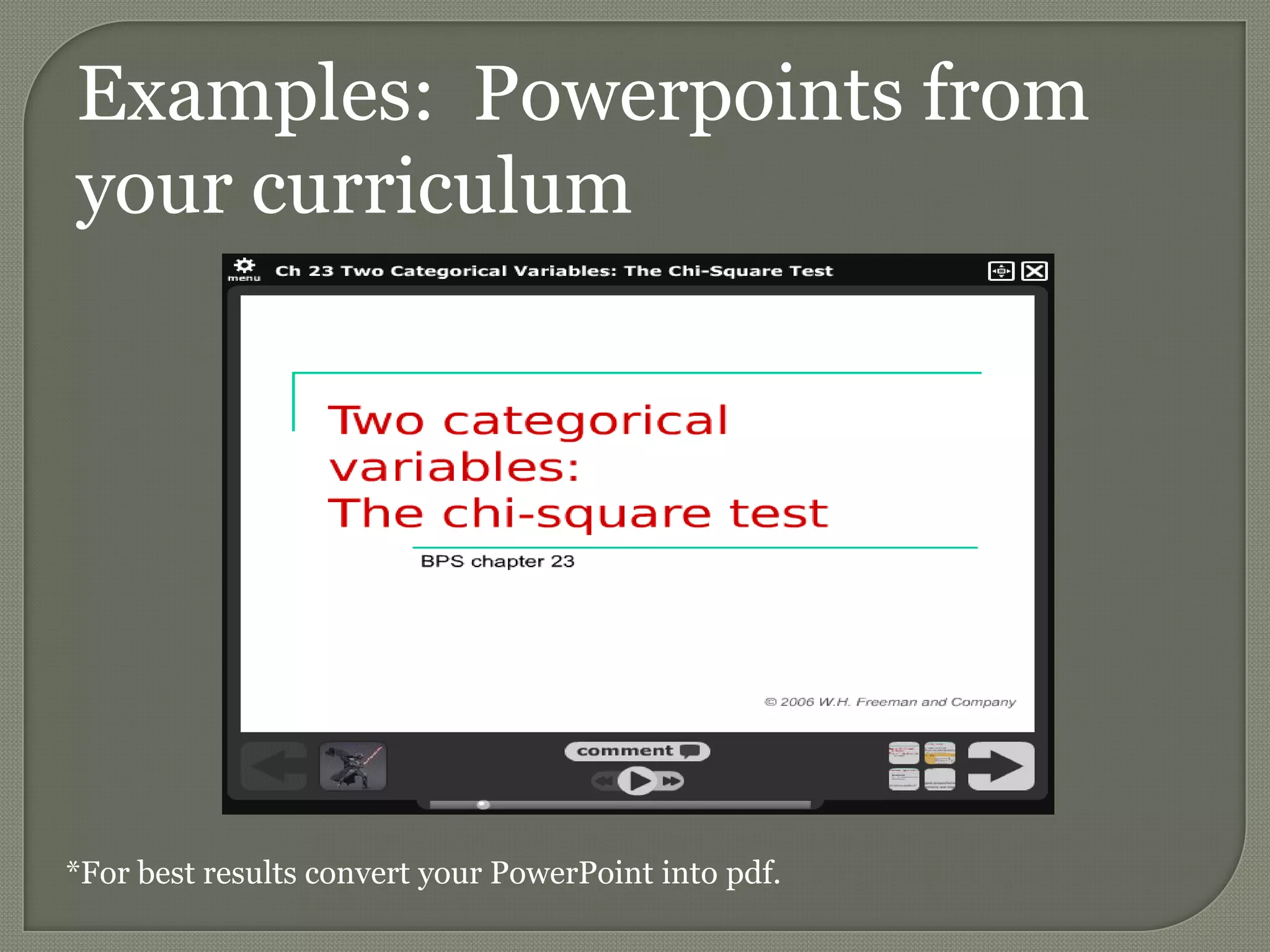 Examples: Powerpoints from your curriculum*For best results convert your PowerPoint into pdf.